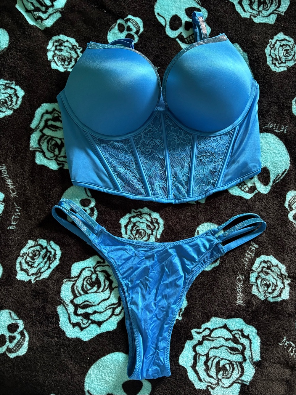 Victoria's Secret Bright Blue Longline Lace Balconette Bra with Strappy Thong